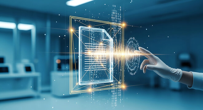 Digital Health Records Concept with Gloved Hand Touching a Holographic Patient File and Data Stream in a Futuristic Clinical Environment