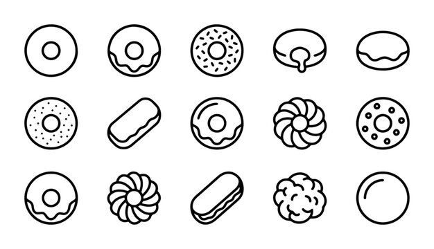 Donut Icons Set, Sweet Pastry Vector Graphics, Bakery Food Collection, Simple Outline Treats