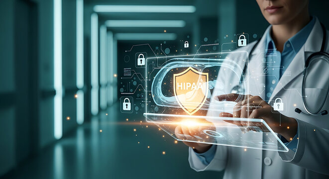 Medical Doctor Interacting with HIPAA Compliance Security Interface to Protect Patient Privacy and Sensitive Healthcare Information Data