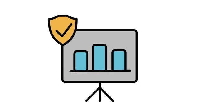 Animated financial report presentation icon showing bar charts on an easel board protected by a golden safety shield badge.