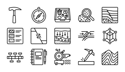 Geology Icons Set: Earth Science Tools, Rock Layers, Fossils, Minerals, Compass, Hammer © Farhan