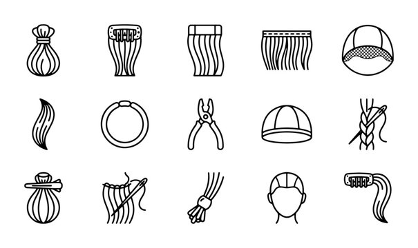 Wig Making Supplies Icons, Hair Extension Tools, Hairpiece Crafting Elements, Vector Set