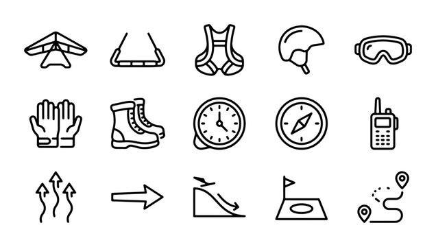 Adventure Sports Icons Set: Paragliding, Hiking, Skiing Gear, Navigation, Communication Tools
