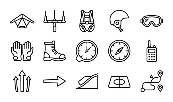 Extreme Sports Gear Icons, Adventure Equipment Vector Set, Paragliding and Navigation Symbols
