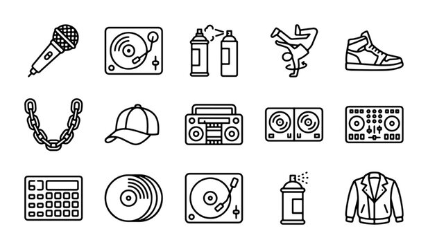 Hip Hop Icons Vector Set: Microphone, Turntables, Graffiti Spray Cans, Breakdancer, Sneakers