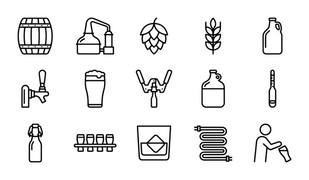 Brewing Icons Set, Craft Beer Elements, Alcohol Drink Vector Graphics, Brewery Equipment Collection