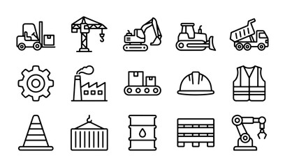Construction and Industry Icons: Heavy Machinery, Logistics, Safety Gear, 15 Vector Elements © Arman