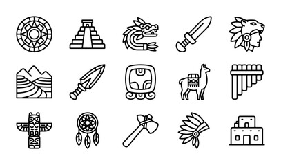 Ancient Civilizations Icons: Maya, Aztec, Inca Symbols, Totem Poles, Weapons, Buildings © Arman