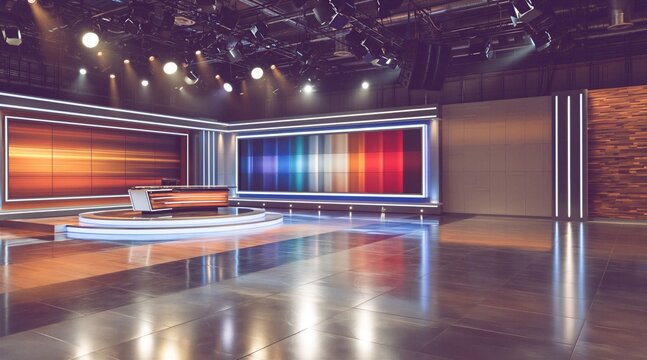 Empty news broadcast studio with professional lighting and screens
