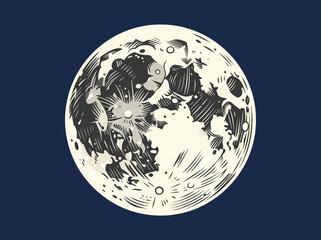 Graphic Full Moon Illustration with Detailed Craters and Vintage Engraving Texture on Dark Blue Background © Agus