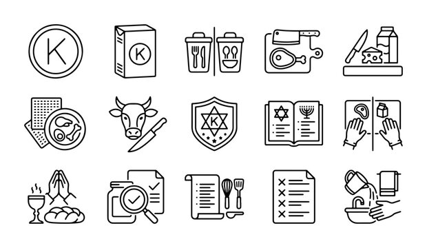 Kosher Food Icons, Jewish Dietary Laws Symbols, Religious Food Preparation Vector Set
