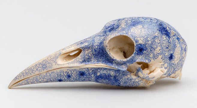Artistic Blue Speckled Bird Skull with Intricate Details.