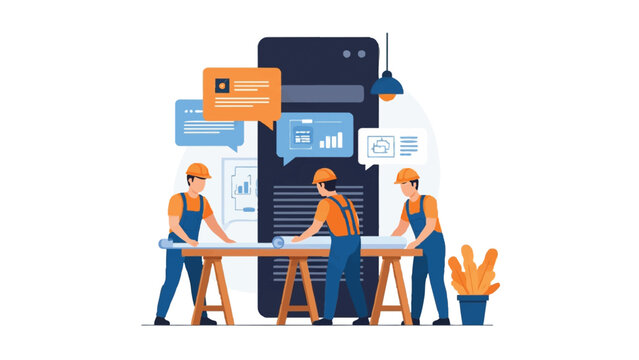 Construction Engineering Team Reviewing Digital Project Blueprints on Mobile App Interface - Flat Vector Illustration
