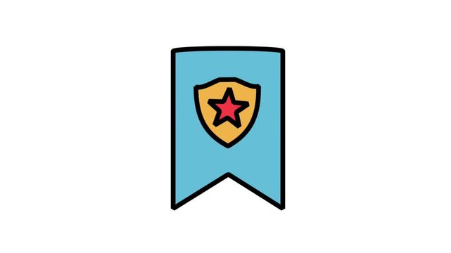 Animated blue ribbon banner icon with a star crested shield badge, representing high quality, premium security, guaranteed trust, and official achievements.