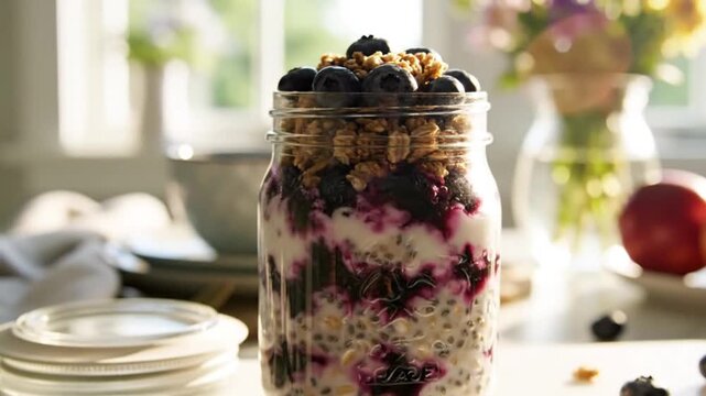 Delicious blueberry yogurt parfait in a glass jar