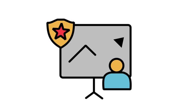 Animated icon showing a presenter next to a whiteboard graph with a security badge, representing secure corporate training or protected business analysis.
