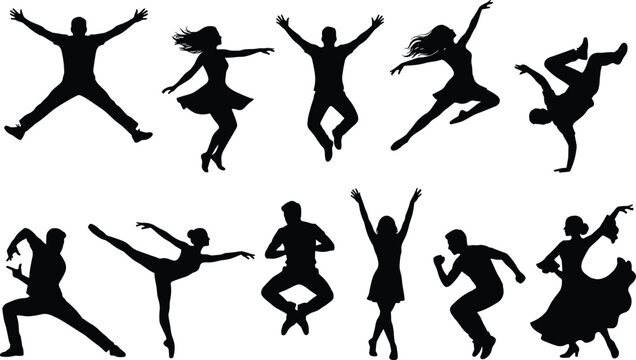 Dynamic silhouettes of diverse dancers performing expressive movements, showcasing energy, rhythm, balance, creativity, lifestyle art, and abstract identity in motion