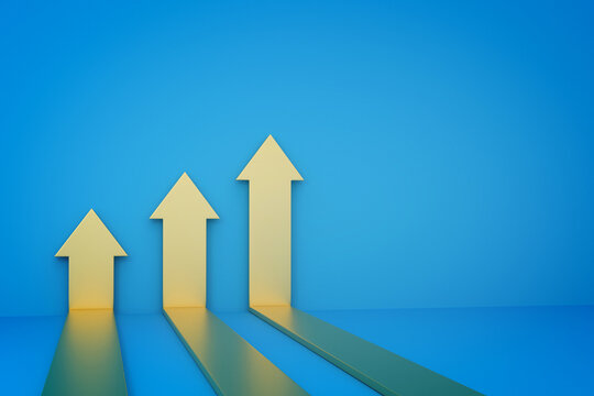 Golden arrows on blue background business arrow target direction concept to success finance growth vision stretching rising up return on investment roi chart increase profit copy space