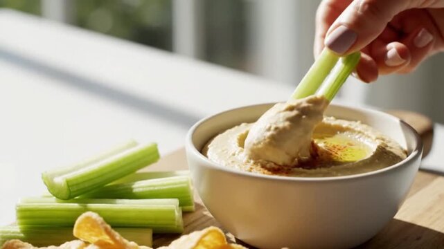Person reaching for fresh hummus dip with celery sticks and chips