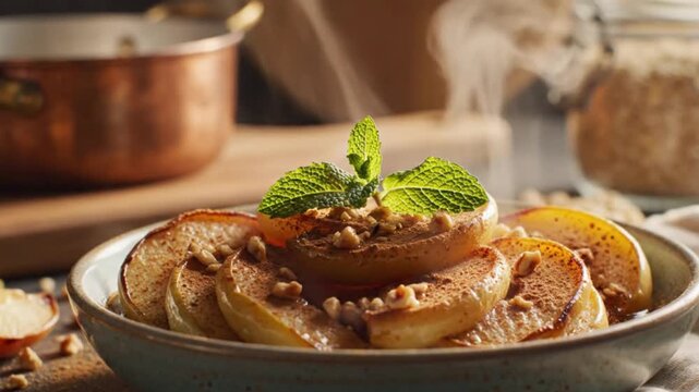 Warm baked apple slices with cinnamon and chopped nuts