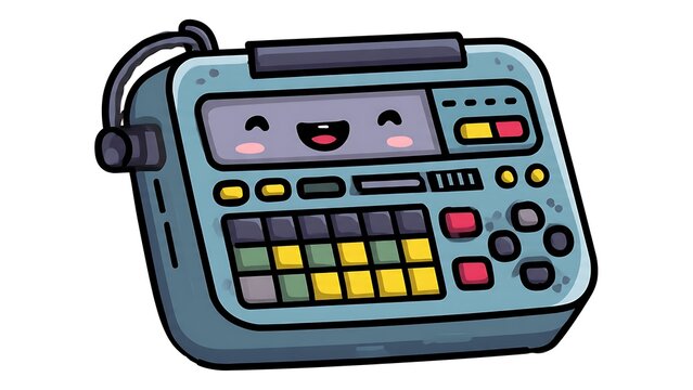 Cute cartoon calculator illustration with smiling face in flat vector style.
