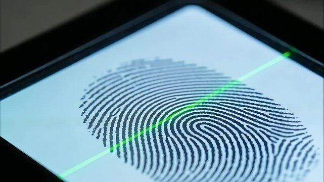 Close up of a fingertip pressing onto a biometric sensor for digital identity authentication