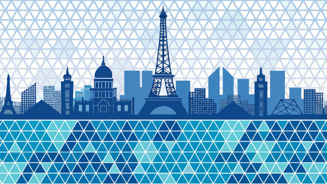 Blue cityscape of paris with eiffel tower and geometric pattern background