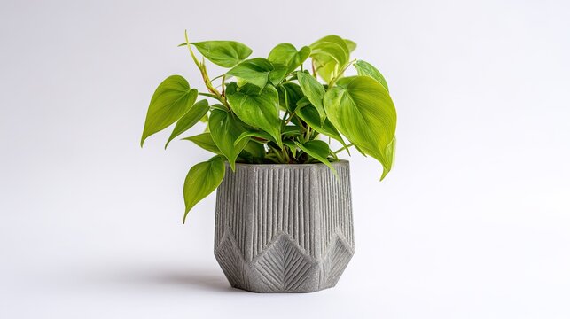 A vibrant green heartleaf philodendron plant in a modern geometric concrete pot.