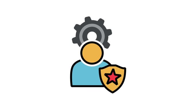 Animated corporate user icon with an overarching gear and a protective star shield, symbolizing secure administrative control, technical support, and management.