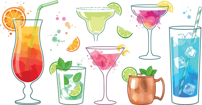 Colorful Watercolor Tropical Cocktail Drink Set with Margarita, Mojito, Moscow Mule, Blue Hawaiian, and Tequila Sunrise for Summer Bar Menus Vector Illustration