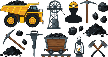 Coal Mining and Industrial Extraction Equipment Set with Dump Truck, Mine Cart, Jackhammer, Pickaxe, Miner Avatar, and Charcoal Pile Vector Illustration © Abul