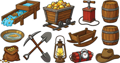 Gold Mining and Wild West Prospecting Equipment Set with Mine Cart, Pickaxe, Shovel, Dynamite, Lantern, and Wooden Barrel Icons Vector Illustration © Abul