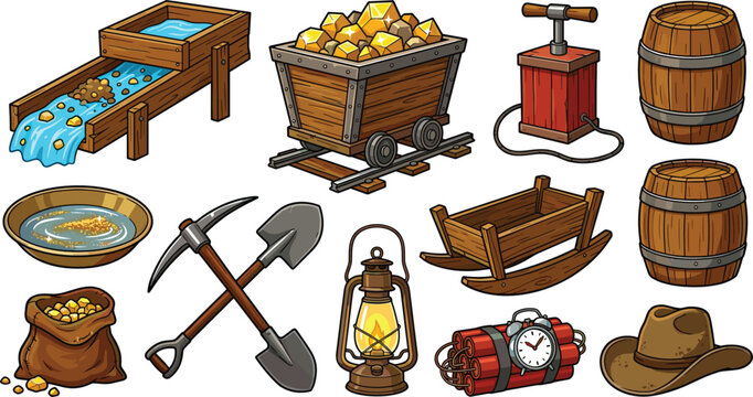 Gold Mining and Wild West Prospecting Equipment Set with Mine Cart, Pickaxe, Shovel, Dynamite, Lantern, and Wooden Barrel Icons Vector Illustration