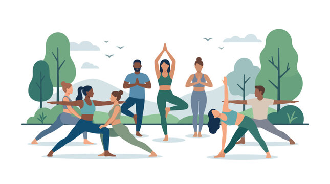 Diverse group of people practicing yoga poses together in a public park vector illustration. EPS Editable