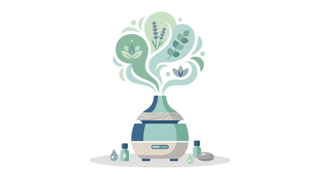Flat vector illustration of an essential oil diffuser emitting aromatic herbal mist with lavender and eucalyptus icons. EPS Editable