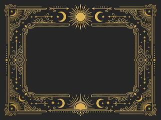 Ornate Mystic Gold Celestial Border with Sun, Moon, and Stars on Dark Background - Elegant Esoteric Frame for Tarot and Invitations © Devica