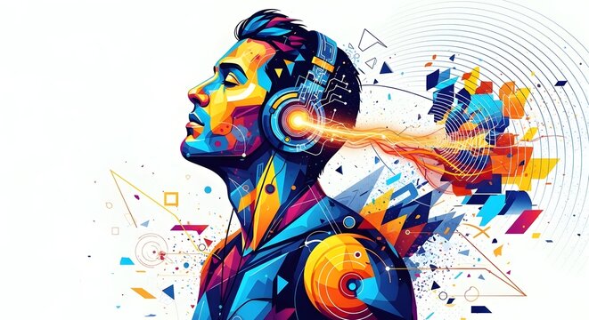 Man wearing headphones experiences a vivid explosion of geometric colors and abstract sound waves.