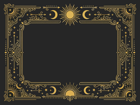 Ornate Mystic Gold Celestial Border with Sun, Moon, and Stars on Dark Background - Elegant Esoteric Frame for Tarot and Invitations