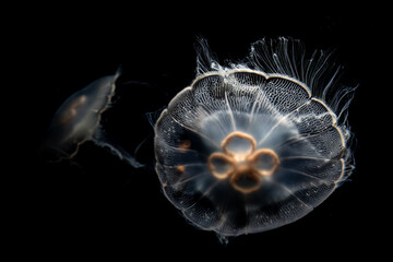 Ghostly clear body and stringy tentacles  of jellyfish swimming against a black background © Pete Niesen Photo