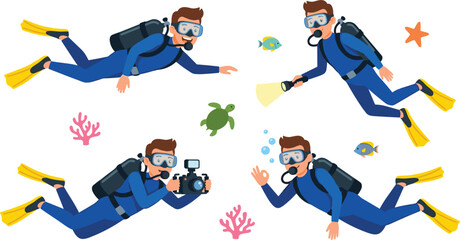 Scuba Diver Character Set with Underwater Snorkeling Equipment, Camera, and Flashlight for Marine Adventure, Tourism, and Ocean Exploration Vector Illustration © MstRabeya