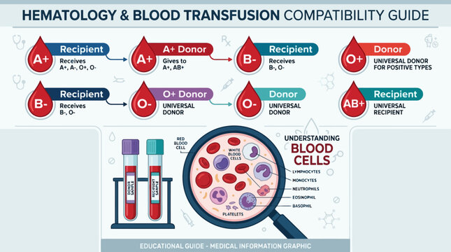 Hematology and blood transfusion compatibility guide infographic showing donor recipient types and blood cell analysis. EPS Editable