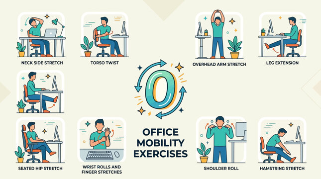 Infographic illustration of office mobility exercises and desk stretches for workplace wellness and health. EPS Editable