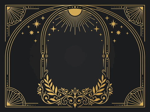 Elegant Gold Art Deco Celestial Frame with Sun and Stars on Black Background - Mystical Arch Border for Wedding Invitations, Tarot Cards, and Luxury Design Projects
