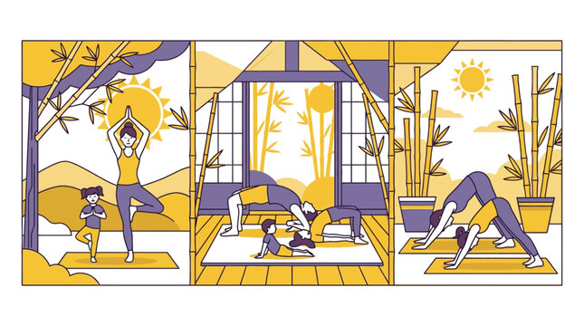 Mother and child practicing yoga together vector illustration set. EPS Editable