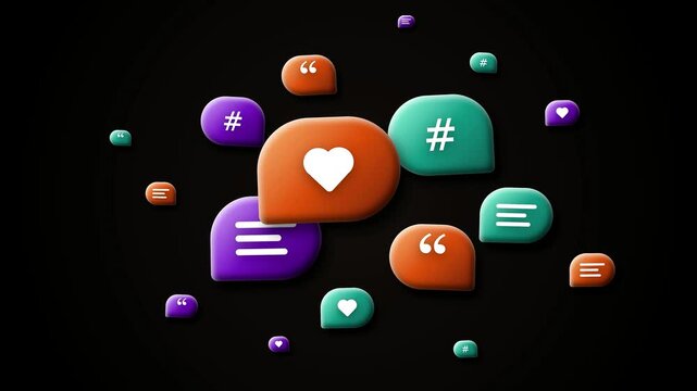 Animated 3d social media chat bubbles popping up on black background