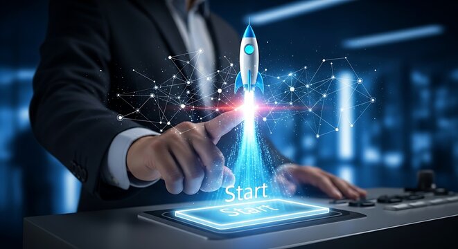 Startup launch and high-growth investment. An investor's hand touches a 'start' button that launches a holographic 'rocket', representing a startup launch.