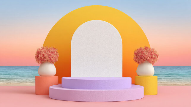pastel-colored podium sits centered before a sunset beach backdrop, flanked by two small white vases containing pink floral arrangements.