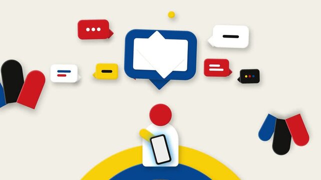 Animated person using smartphone with floating colorful speech bubbles