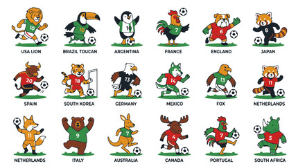 Cute Cartoon Animal Soccer Players Representing Different Countries in Team Uniforms © Afi