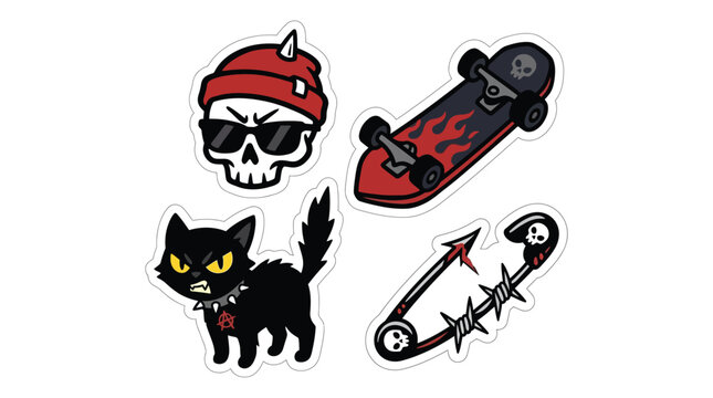 Collection of punk rock and skater themed cartoon stickers featuring a skull, skateboard, black cat, and safety pin.
